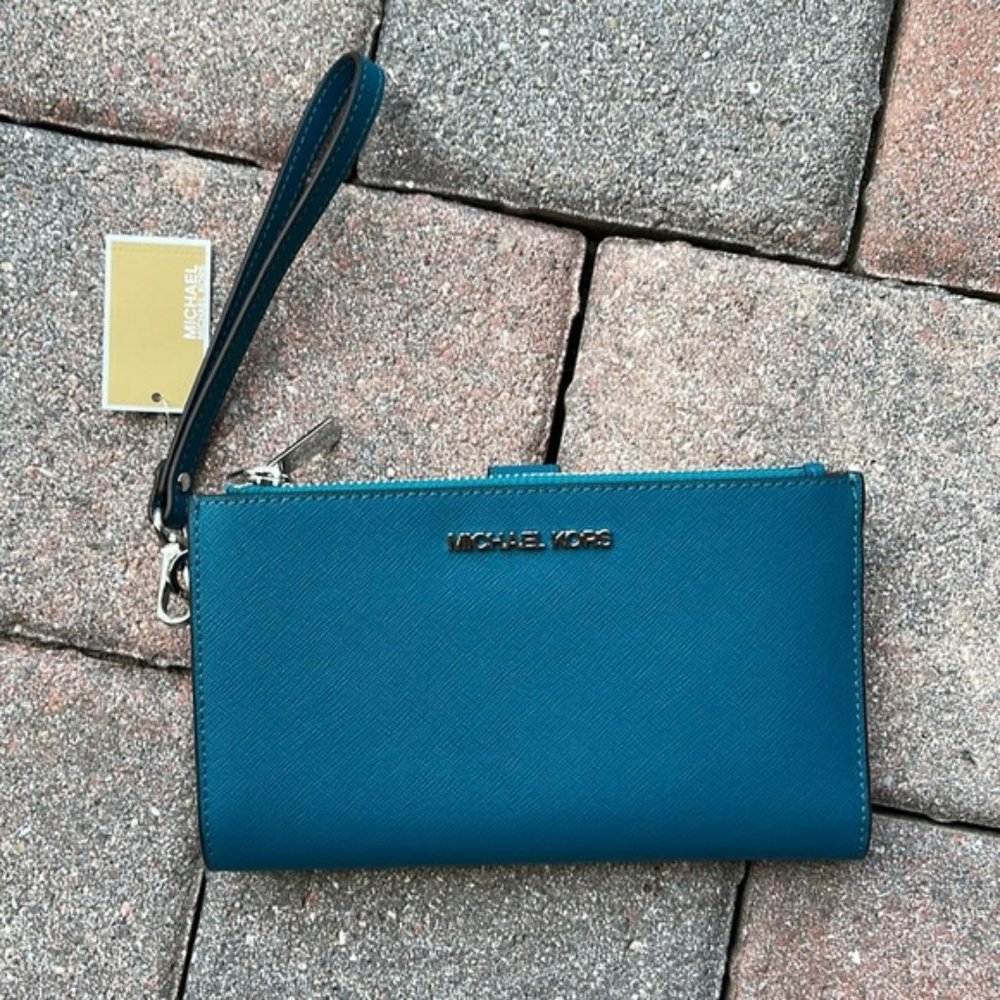 Michael Kors Large Double Zip Leather Wallet Wristlet Phone Case Lagoon - Picture 1 of 16